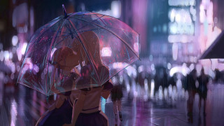 Woman umbrella rain city night 2 - an umbrella in the rain free wallpaper