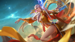 Woman sword gold outfit blue - a blue sky background free wallpaper