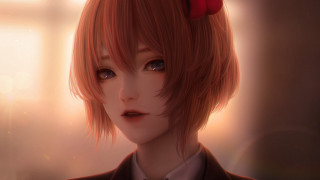 Anime character red bow looking - luminous free wallpaper
