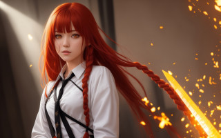 Red haired woman sword fire - shining behind her free wallpaper