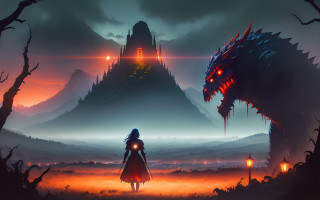 Woman giant monster forest night - 2 d game art free wallpaper