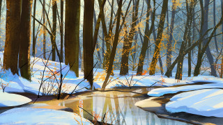Snowy forest stream pleinair gouache - atey ghailan free wallpaper