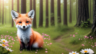 Fox field flower grass trees - ultra realistic digital art free wallpaper