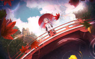 Girl umbrella bridge autumn leaves - a fish free wallpaper