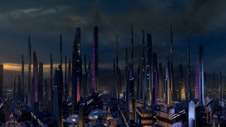 Futuristic city night lights clouds - matte painting concept art free wallpaper