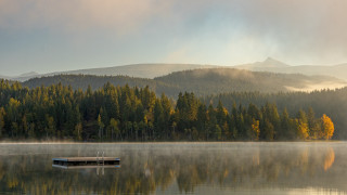 Boat lake forest mountains fog - covered mountain free wallpaper