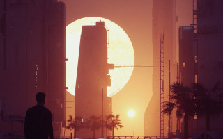 City sunset silhouette mountain palm - solarpunk free wallpaper