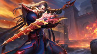 Woman blue red sword fire - dai jin free wallpaper