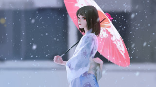 Woman kimono umbrella snow night - an umbrella in the snow free wallpaper