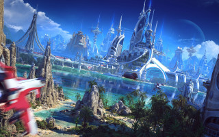 Futuristic city bridge red car - a futuristic city free wallpaper