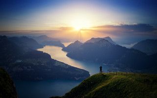 Hill lake mountains sunset landscape - sunset free wallpaper
