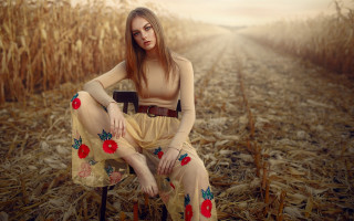 Woman cornfield redflower fashion impressionist - a red flower free wallpaper