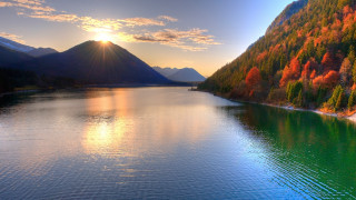 Lake mountains trees sun clouds 4 - free nature wallpaper