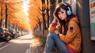 Girl road headphones autumn leaves - the side of a road free wallpaper