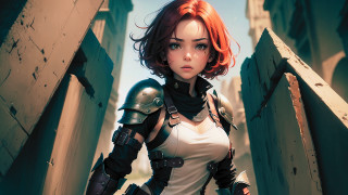 Redhair armor doorway building sky - a manga drawing free wallpaper for desktop