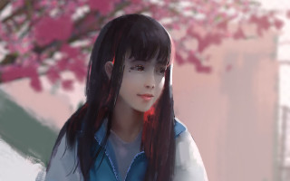 Girl blue shirt long hair - art station free wallpaper