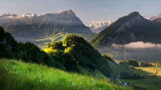Green valley mountains river houses - a few house free wallpaper