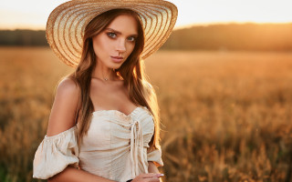Straw hat woman wheat field - sunrise free wallpaper