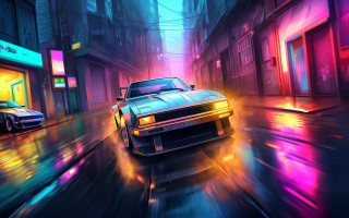 Neon city street night car - neon free wallpaper