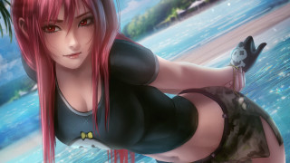 Pink hair beach pose anime - a black top free wallpaper