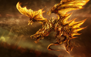 Golden dragon flying cloudy sky 2 - dragon art free wallpaper