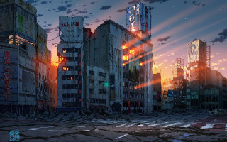 City skyline tower embers dusk - a green light free wallpaper