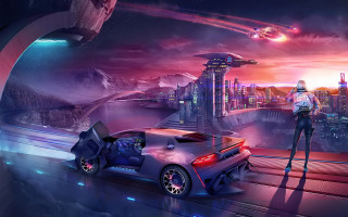 Futuristic city man car matte - matte painting concept art free wallpaper