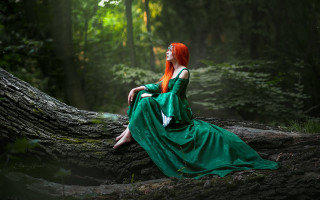 Red haired woman forest green - pre free wallpaper