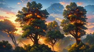 Tree house forest sunset bird - kinkade free wallpaper
