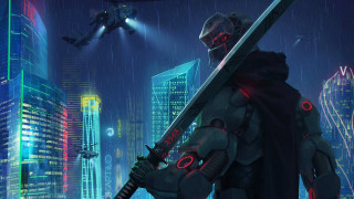Futuristic man sword helicopter cyberpunk - overhead free wallpaper