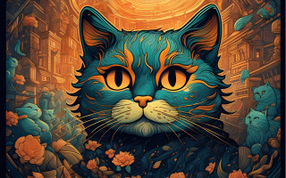 Cat orange eyes blue tail - josan gonzale and dan mumford free wallpaper