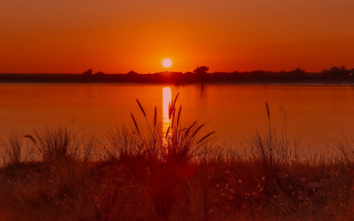 Sunset lake boat grass impasto - a sunset over a lake free wallpaper