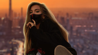 Woman blonde longhair mask cityscape - alena aenami free wallpaper