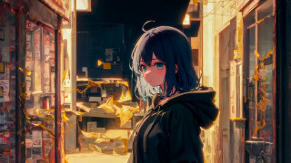 Woman doorway black hoodie anime - graffiti free wallpaper