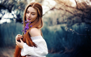 Red haired woman flower forest - a forest in the background free wallpaper