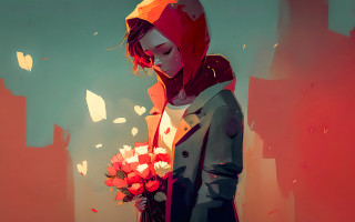 Woman holding bouquet red background - art station free wallpaper