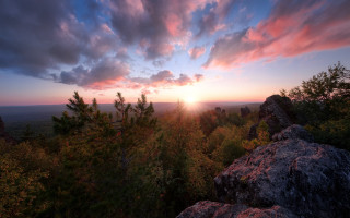 Sunset forest rock foreground trees - andrey ryabovichev free wallpaper