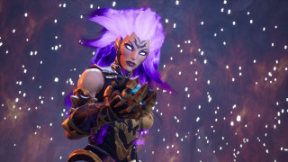 Purple haired armor woman snowy - a purple outfit holding free wallpaper
