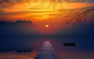 Sunset dock boat mountain forest - sunrise free wallpaper
