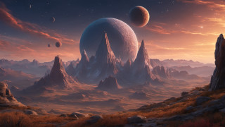 Mountains planets sunset landscape stars - a. hardy free wallpaper