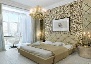 Bedroom large bed chandelier ceiling - luxury free wallpaper