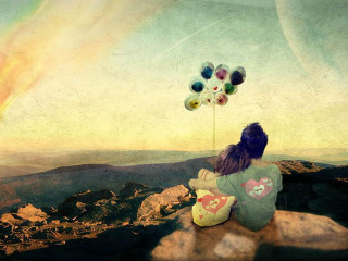 Woman rock balloons sky rainbow - balloon free wallpaper