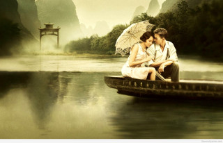Couple boat water umbrella sitting - romantic free wallpaper