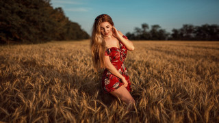 Woman red dress wheat field 4 - annabel eyres free wallpaper