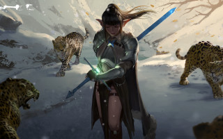 Woman sword cape leopards snowy - clint cearley free wallpaper