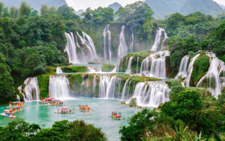Waterfall boat group nature landscape - a waterfall free wallpaper for desktop