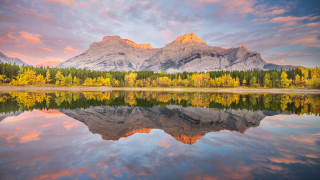 Mountain reflection lake trees sunset 2 - a pink sky free wallpaper