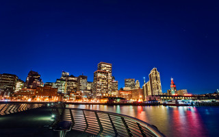 City skyline night bridge bench - bascove free wallpaper for desktop