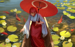 Woman red dress umbrella floating - a pond of water lilies free wallpaper