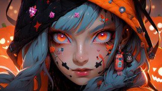 Halloween girl cyberpunk bluehair orangeeyes - art station free wallpaper